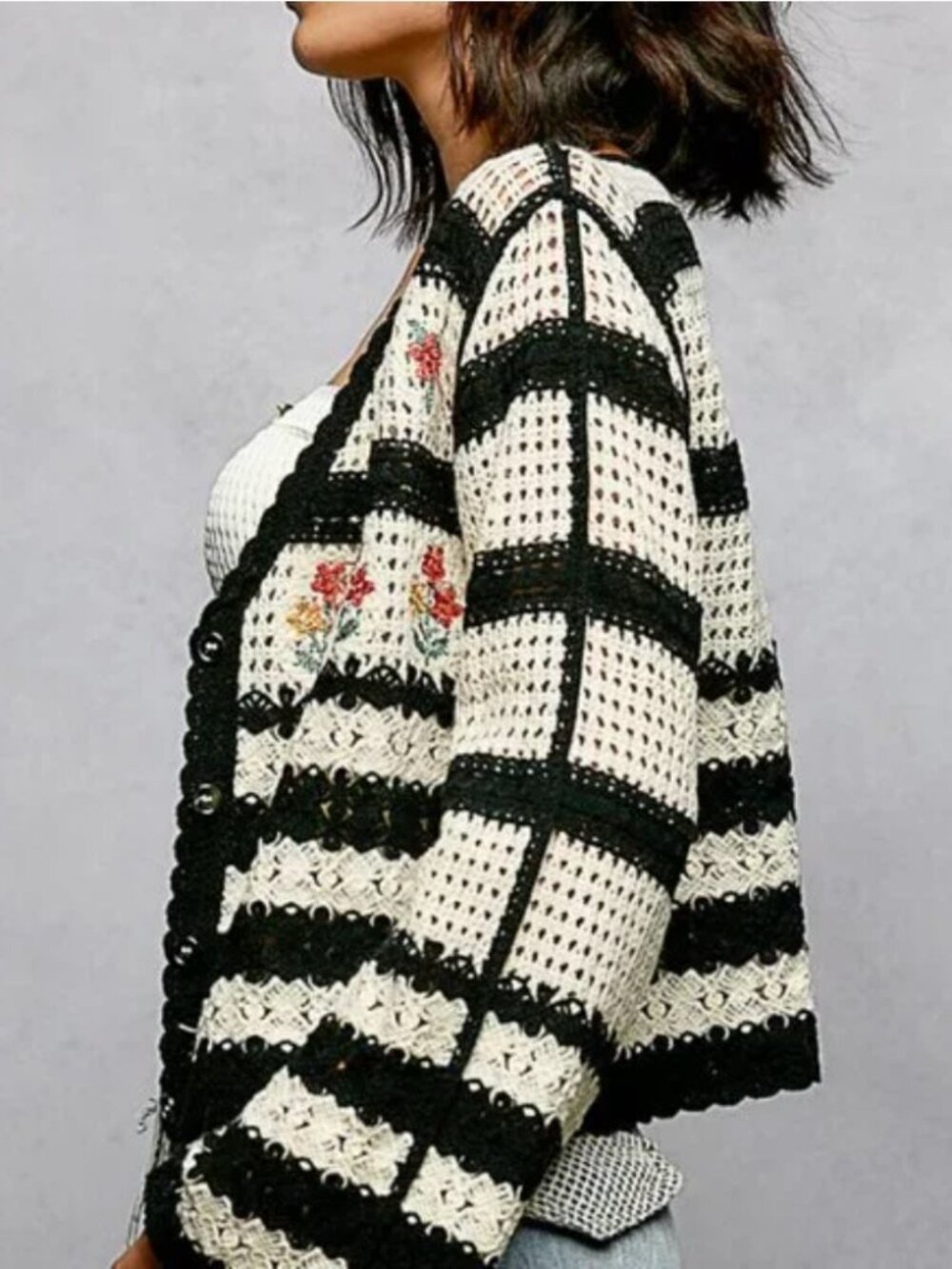 POL Black and Cream Striped Crochet Cardigan with Floral Embroidery - Picture 2 of 5